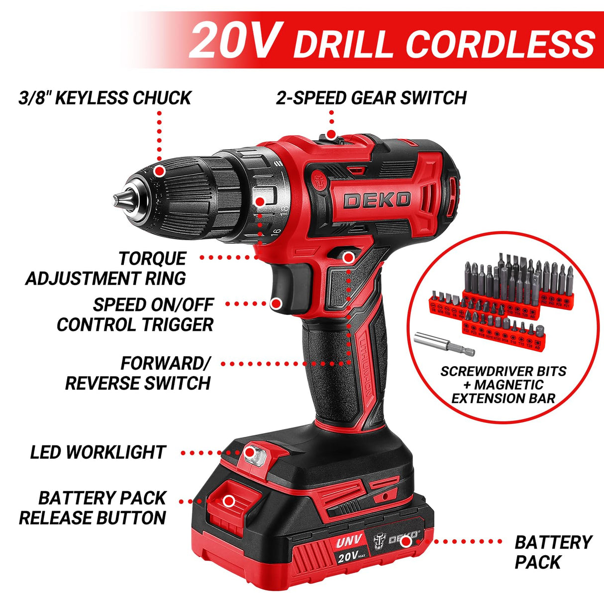 Red Drill Tool Kit Set: 20V Cordless Power Drill Tool Box with Battery Electric Drill Driver for Men Home Hand Repair Basic Toolbox Tools Sets Drills Case DEKOPRO