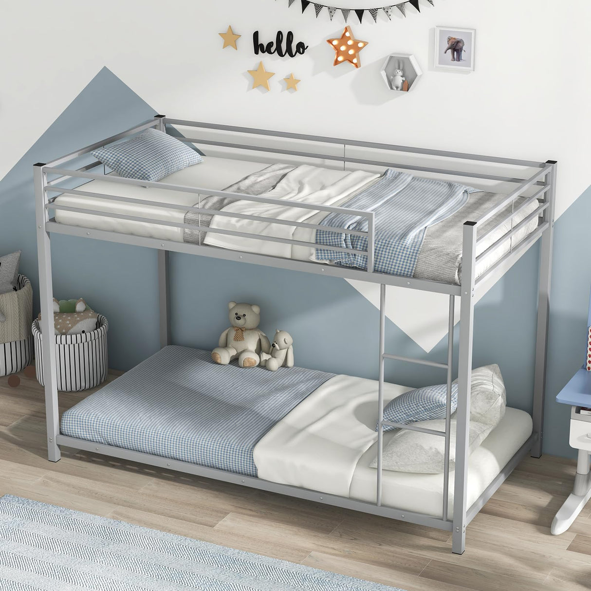 KOMFOTT Metal Low Bunk Bed Twin Over Twin, Heavy Duty Bunk Bed Frame with Ladder & Full-Length Guardrails, Metal Slatted Floor Bed Frame for Teens & Adults, No Box Spring Needed KOMFOTT