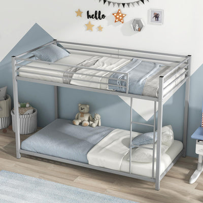 KOMFOTT Metal Low Bunk Bed Twin Over Twin, Heavy Duty Bunk Bed Frame with Ladder & Full-Length Guardrails, Metal Slatted Floor Bed Frame for Teens & Adults, No Box Spring Needed