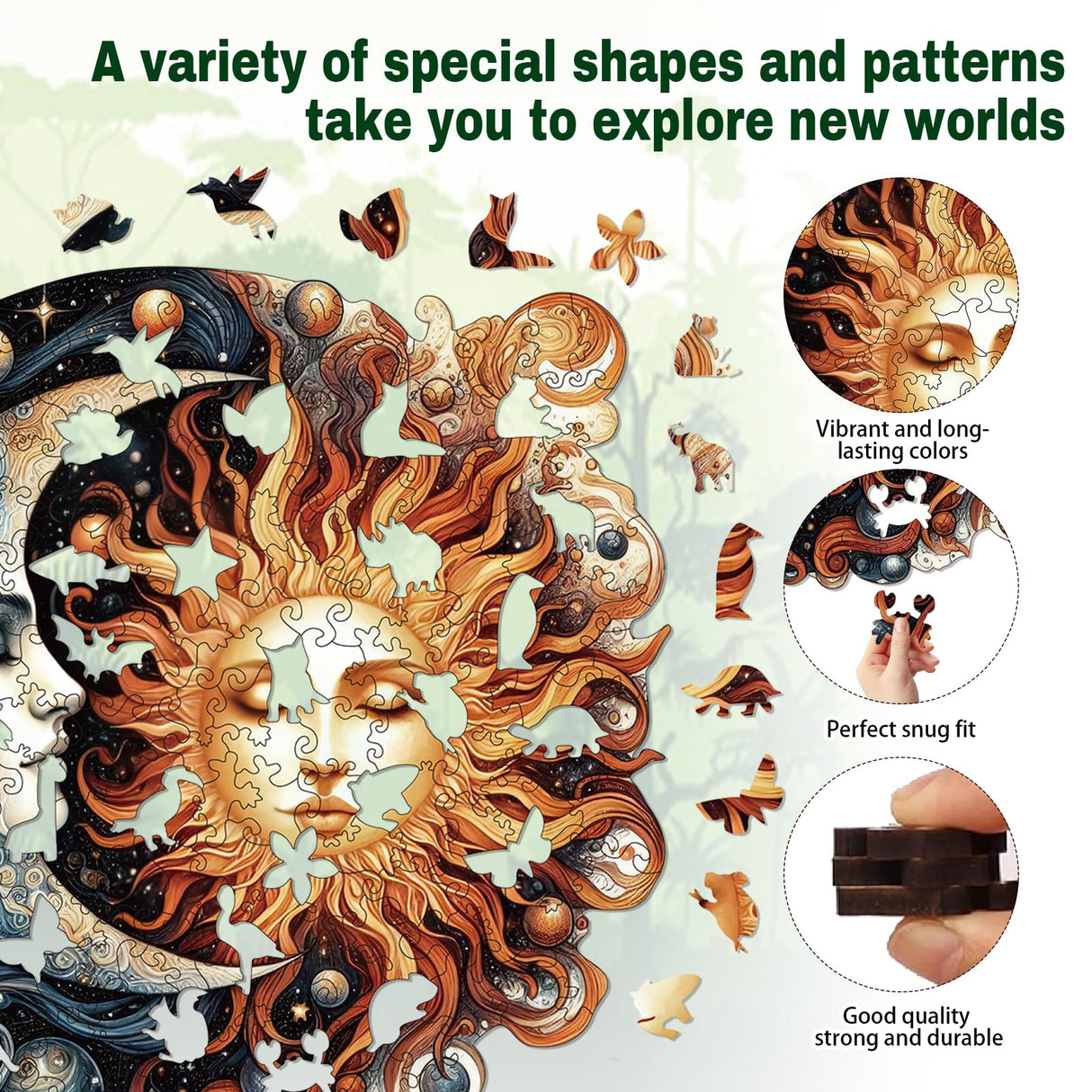 Wooden Puzzles for Adults, Sun and Moon Wood Puzzles 200 Pieces, Irregular Animal Shaped Unique Wooden Jigsaw Puzzles, Creative Ghristmas Gift for Teenagers and Adults WHJSG