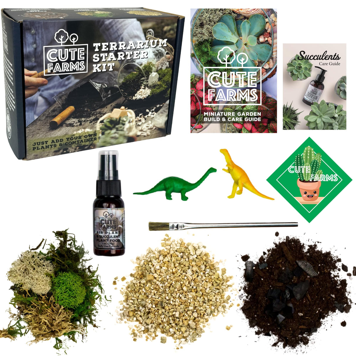 Cute Farms Terrarium Starter Kit | Moss, Vermiculite, Soil, Plant Food, Brush, Build and Care Guide | DIY Succulent Terrarium Kit for Adults and Kids Cute Farms