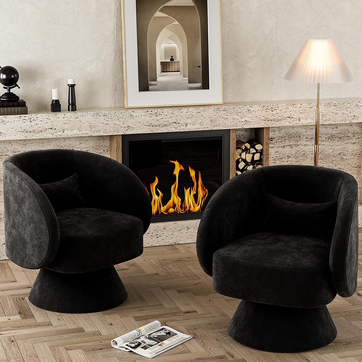 Nolohoo Swivel Barrel Chair Set of 2, Upholstered Swivel Cuddle Accent Chairs for Living Room, Comfy 360 Degree Modern Small Round Armchair for Bedroom, Office (Black, Linen) Nolohoo