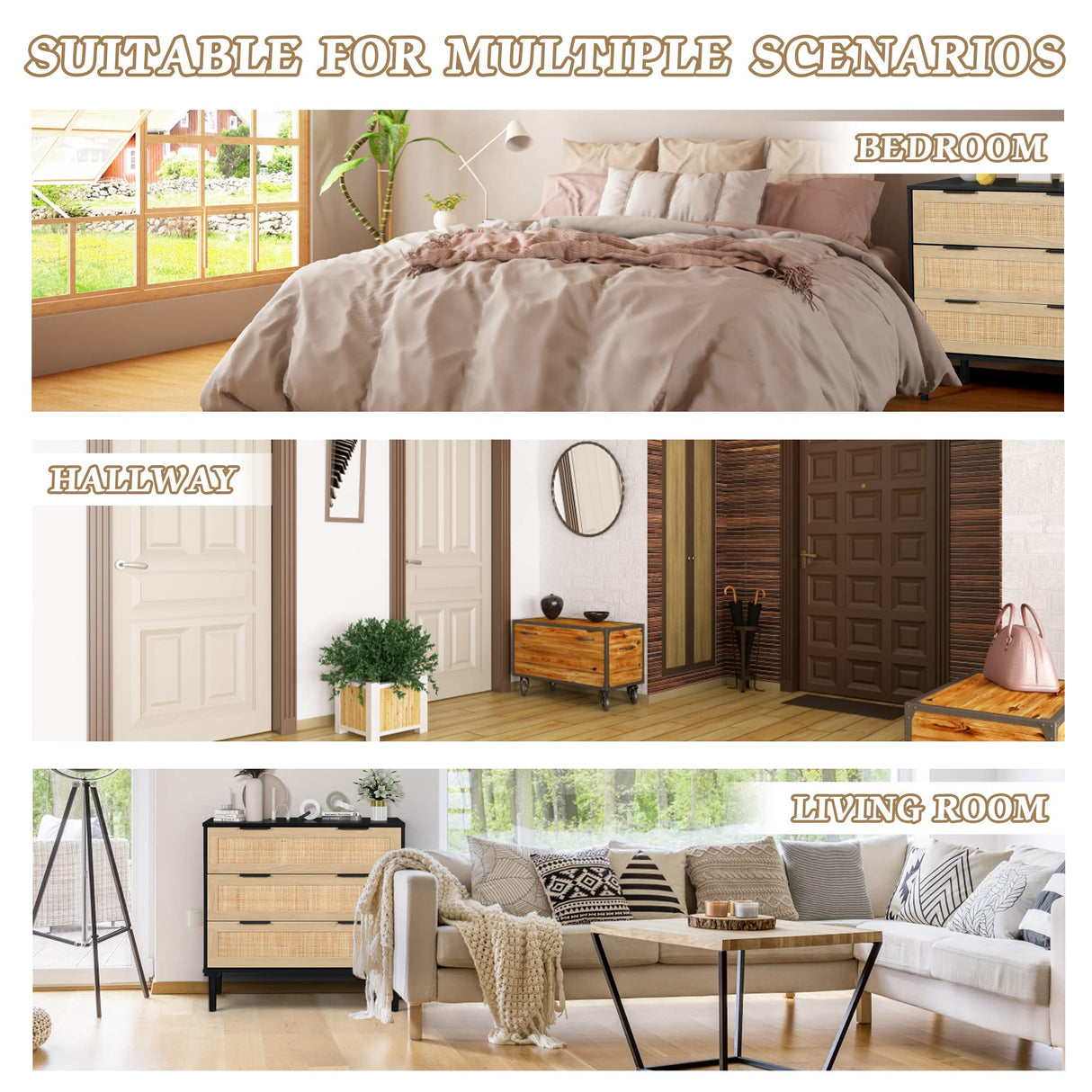 LAZZO Rattan 3 Drawer Wood Dresser Boho Large Storage Cabinet Nightstand Chest for Bedroom Mid Century Modern Chest of Drawers Wide Closet Dresser Storage Organizer LAZZO