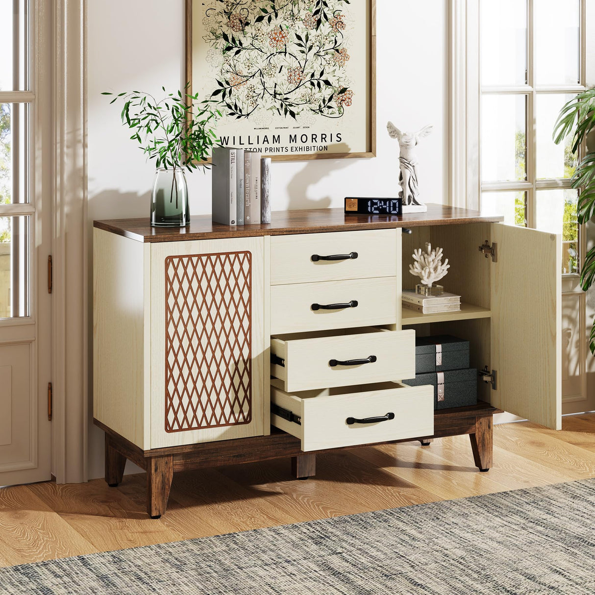 Tribesigns 4 Drawer Dresser, 47.2-Inch Farmhouse Chest of Drawer with 4-Tier Storage Shelves, Wood Dresser Organizer Cabinet for Bedroom Living Room Tribesigns