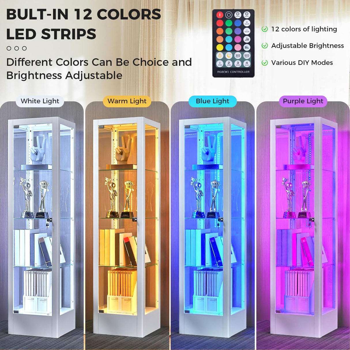 BECHAEO Glass Display Cabinet with 12 Color Lights and Lock, 4-Tier Curio Cabinet with Tempered Glass Door, Adjustable Shelves, 63" Metal Display Case for Collectibles Living Room, White BECHAEO