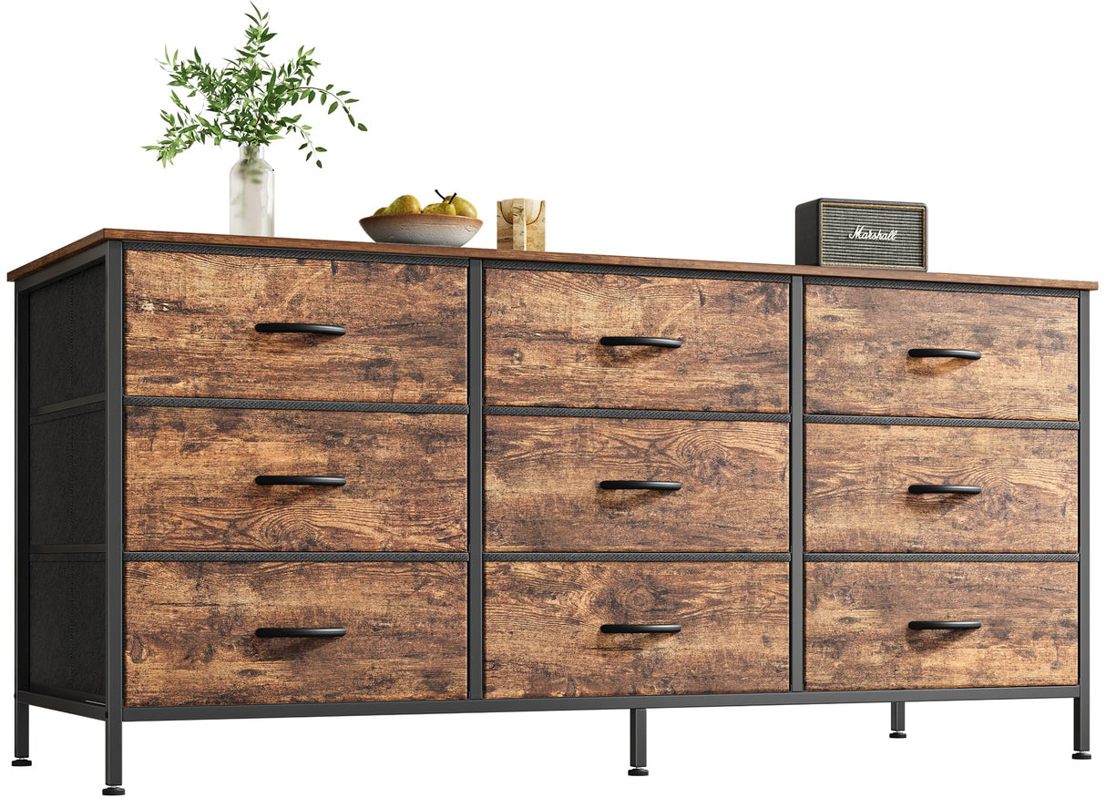 Huuger 9 Drawer Dresser, 47 Inch Dresser TV Stand for 50, 55 Inch TV, Entertainment Center with Drawers, Fabric Dresser Chest of Drawer for Bedroom, Closet, Rustic Brown Huuger