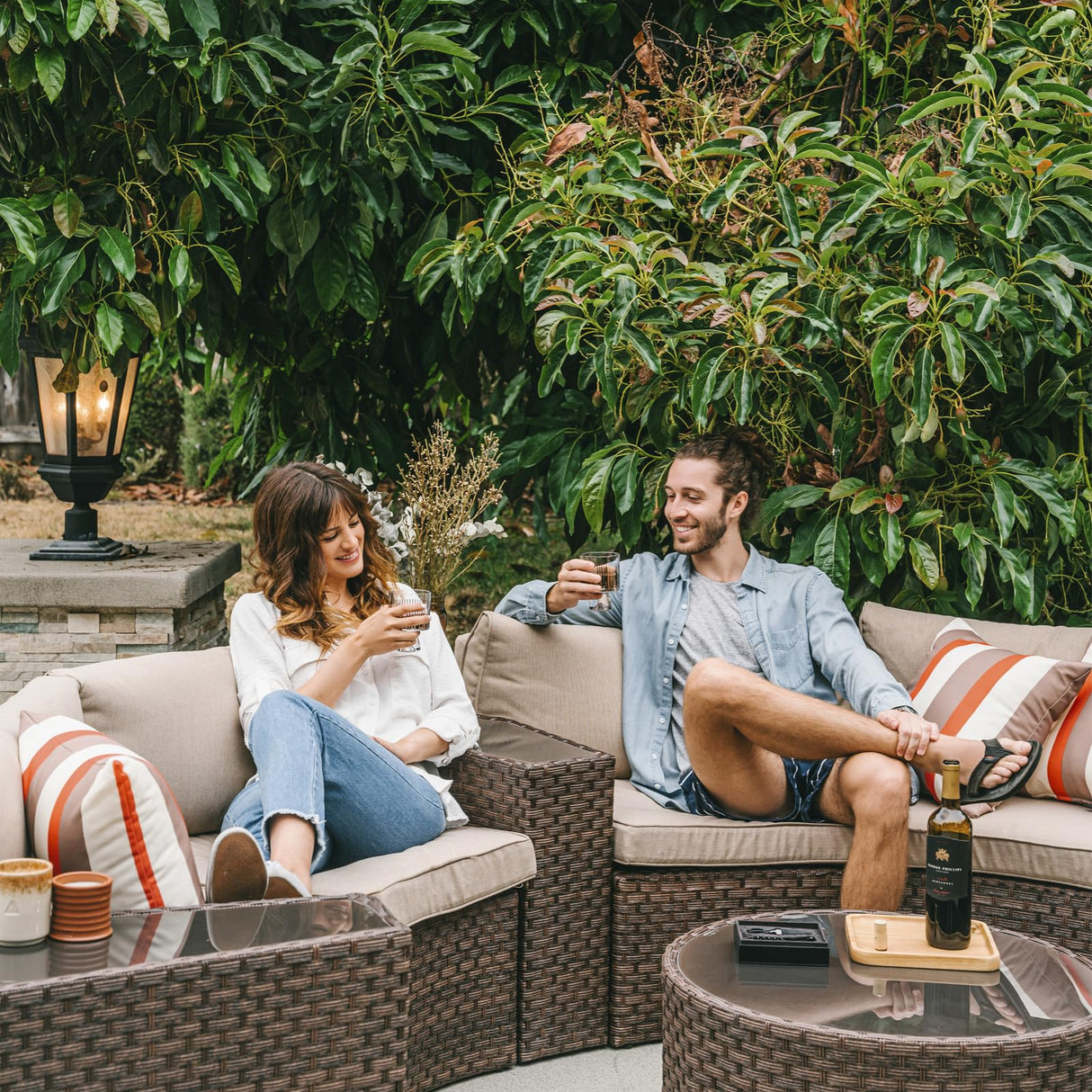 SUNSITT Outdoor Patio 8-Piece Half Moon Curved Furniture Sofa Set Brown Wicker Sectional Sofa Beige Cushions with 2 Side Table SUNSITT