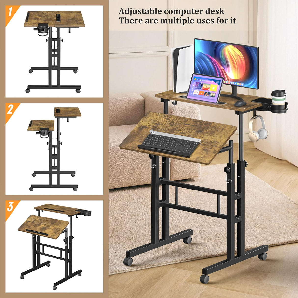 Enayplon Small Standing Desk with Wheels, Mobile Stand Up Desk, Portable Standing Table on Wheels for Walking Pad, Rolling Computer Desk Adjustable Height, Tall Table Enayplon