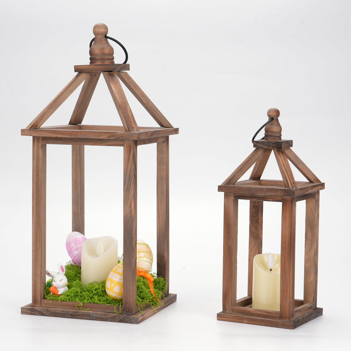 Romadedi Farmhouse Wood Candle Lantern - 12" / 16" Set of 2 Rustic Wooden Lanterns Decorative Candle Holder Home Decor Wedding Table Centerpiece Indoor Outdoor Fireplace Decorations, Brown Romadedi