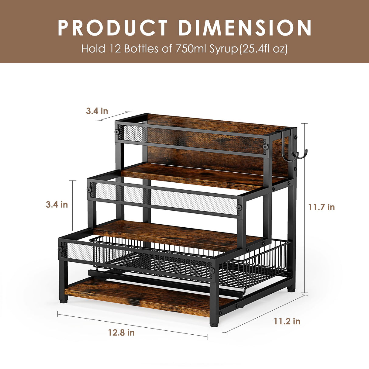 LOTEYIKE 3 Tier Coffee Syrup Rack Organizer, 12 Water Bottles Holder Stand Liquor Cabinet Storage Shelves, Wine Rack Countertop Storage Rack Coffee Bar Cabinet for Kitchen LOTEYIKE