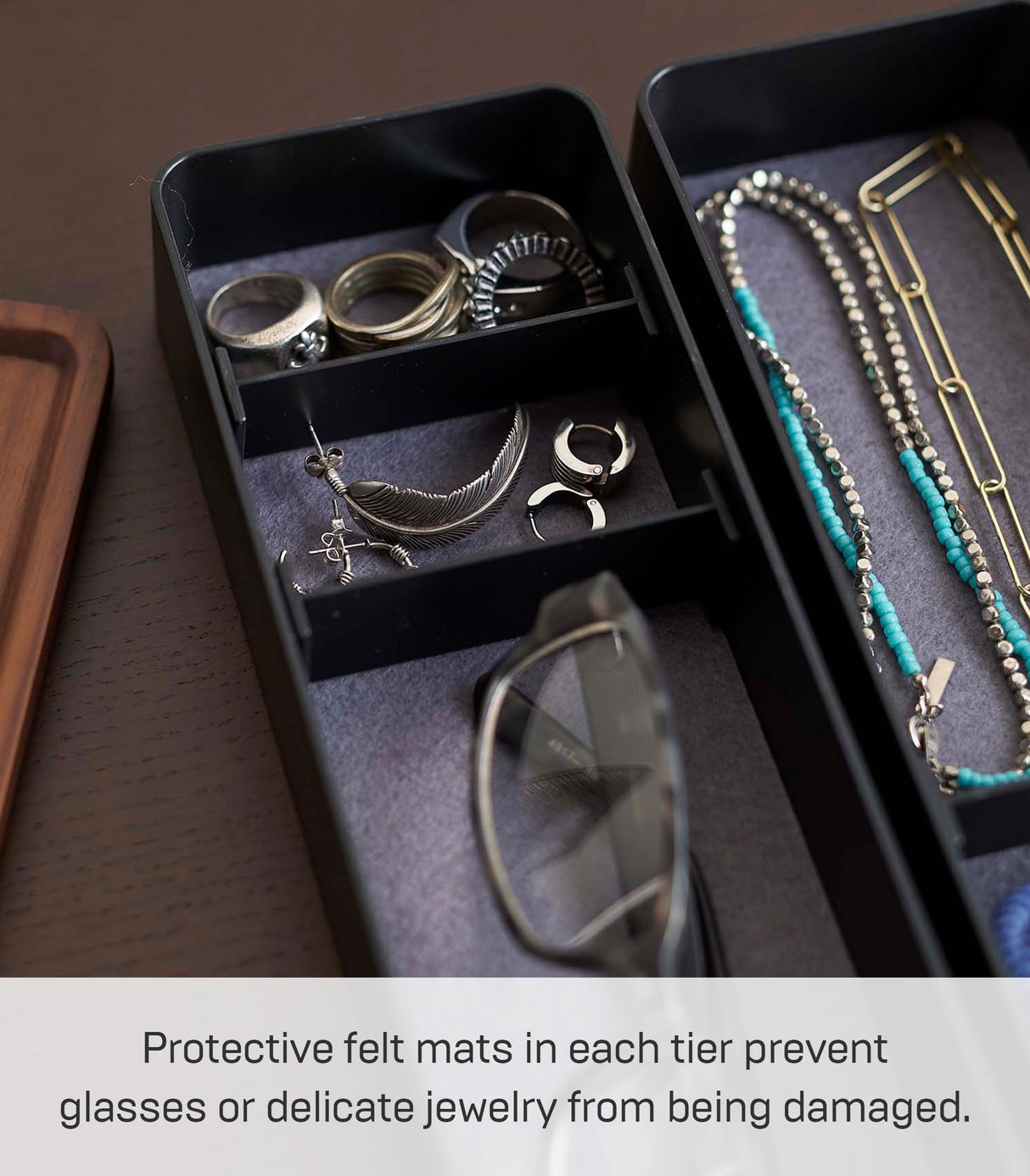 Yamazaki Home Rin Stacking Watch And Accessory Case, Jewelry Box Organizer For Glasses, 3-Tier - Accessories - Plastic + Wood, Black YAMAZAKI