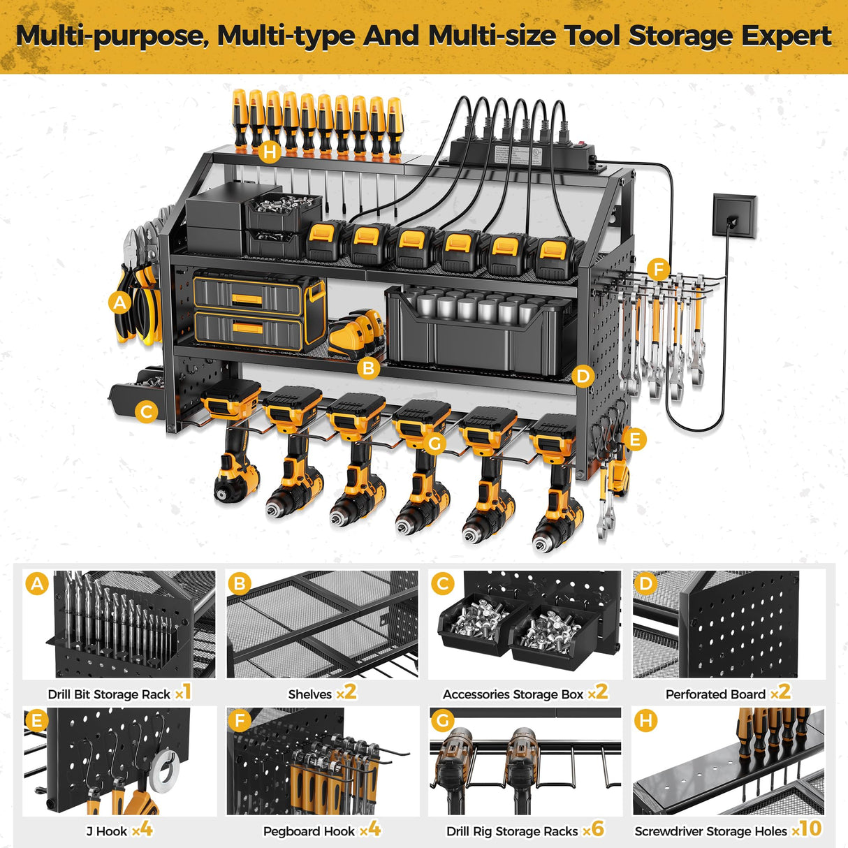 LBT 4 Layer Power Tool Organizer Wall Mount With Charging Station, Patented, 6 Outlet Power Strip, 6 Drill Holder, Heavy Duty Metal Garage Tool Storage Rack, Gifts For Men Fathers Day LBT