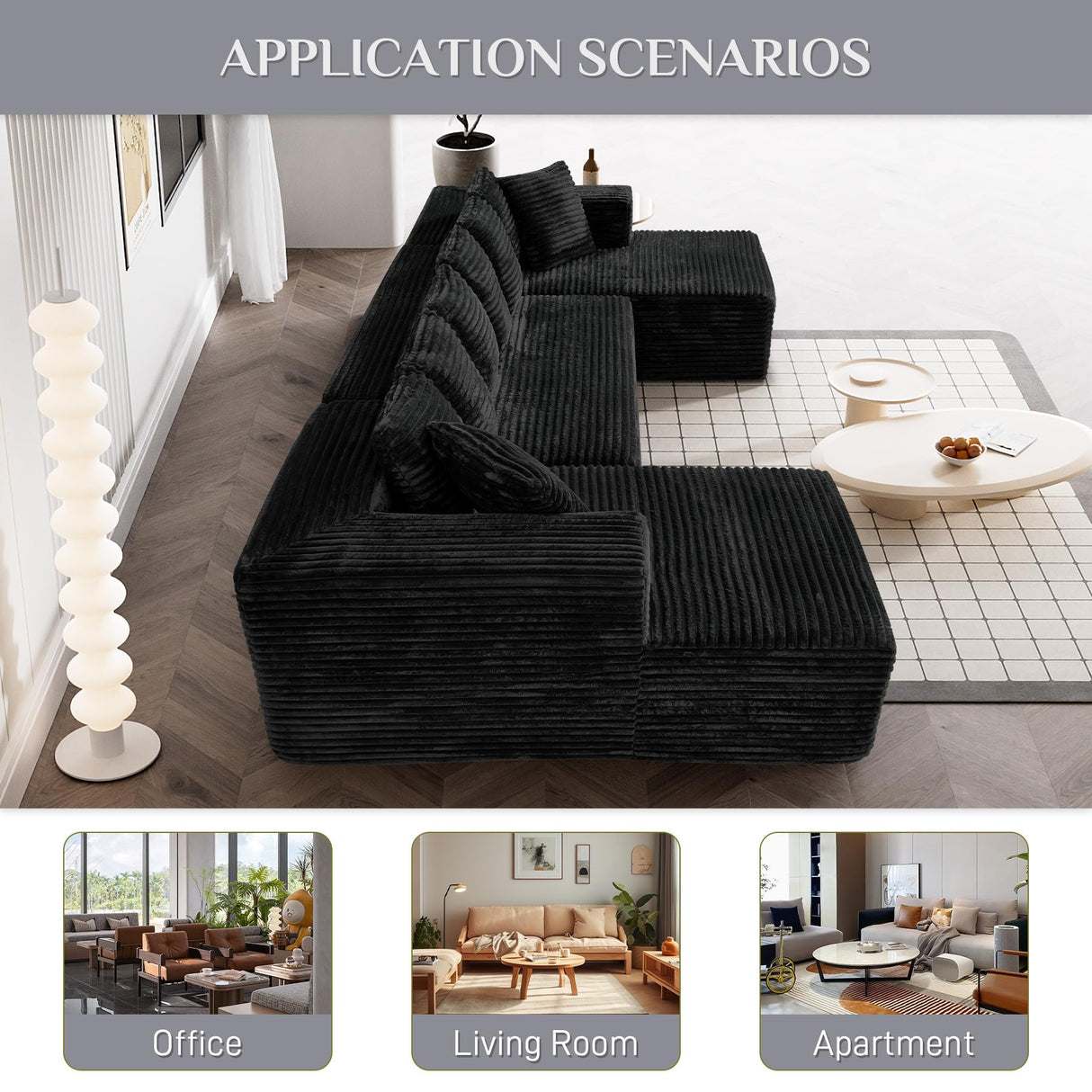 ONEMMLION Modular Sectional Sofa Cloud Couch, 131" Black Boneless Couches for Living Room, Comfy Deep Seat Plush Corduroy Sofa, Modern Fluffy Memory Foam U Shape Sectional Couch with Chaise Lounge ONEMMLION