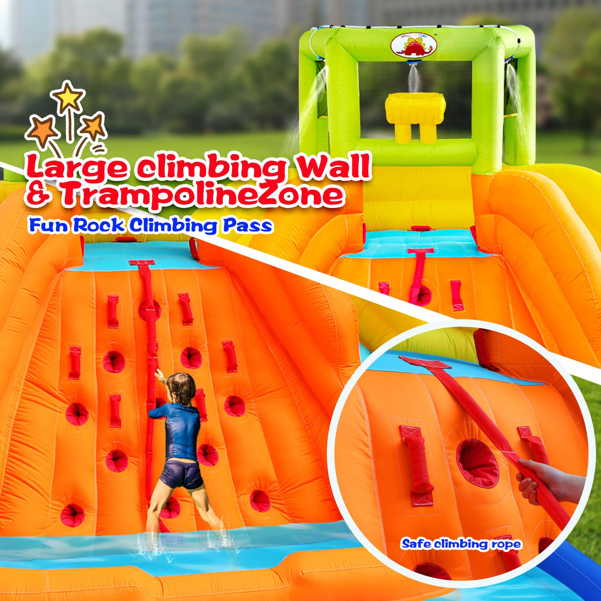 WELLFUNTIME Inflatable Water Slide, Bounce House with Water Bucket, Deep Pool, Climbing Wall with Rope, Bouncy Castle with Air Blower WELLFUNTIME