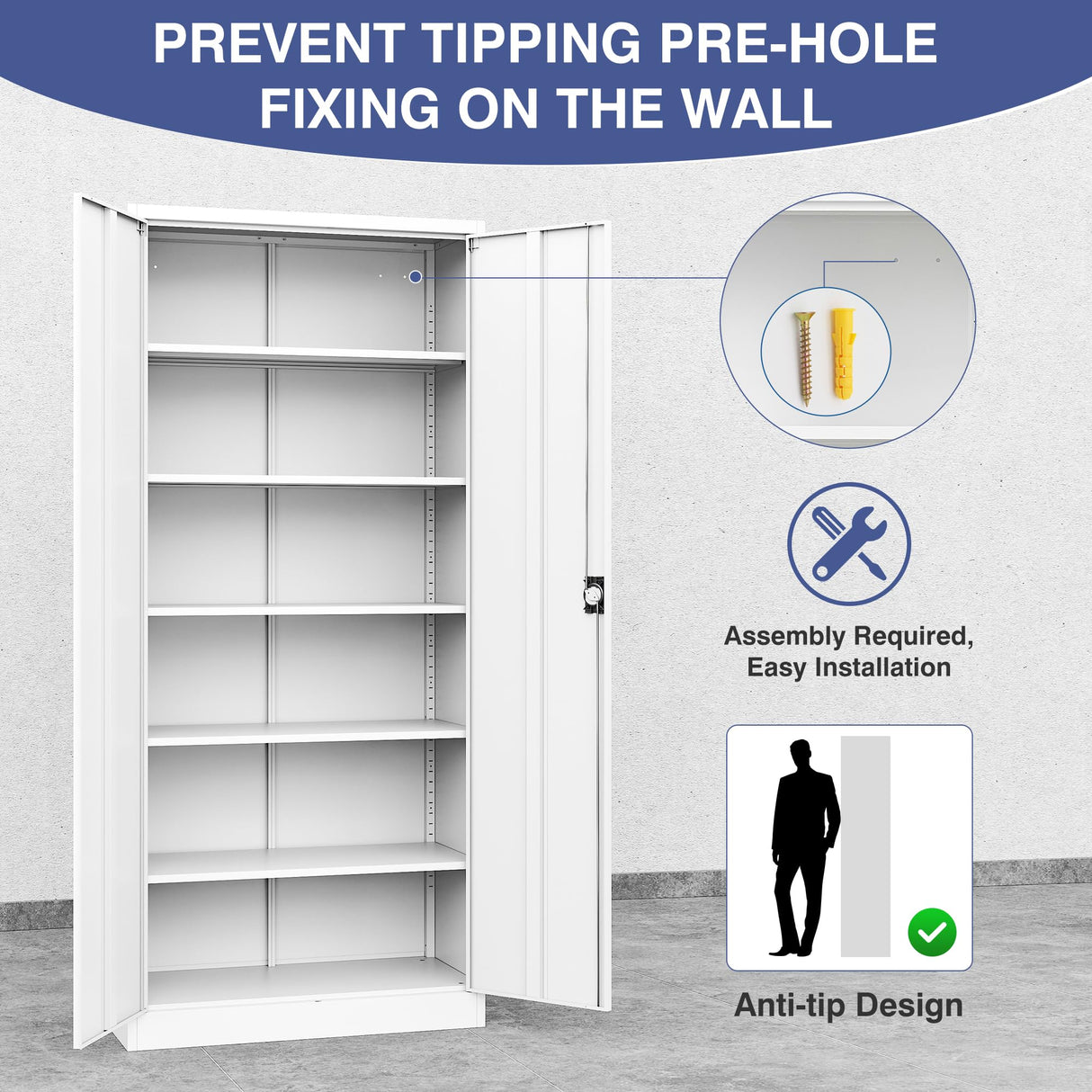 LISSIMO Metal Storage Cabinet with Lock,Lockable Garage Cabinet with 2 Doors and 5 Adjustable Shelves,Tall Steel Cabinets for Garage,Workshop,Gym,School LISSIMO