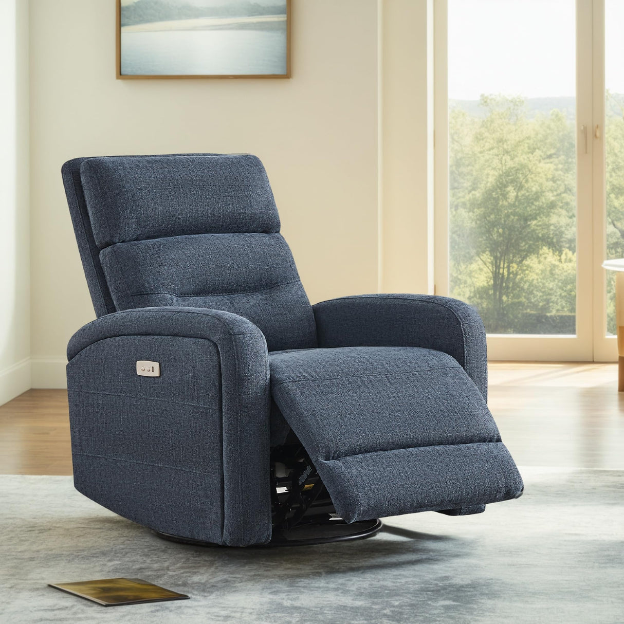 Watson & Whitely Swivel Power Recliner Glider Rocker, Small Recliner with Charging Port for Living Room, Fabric in Blue Watson & Whitely