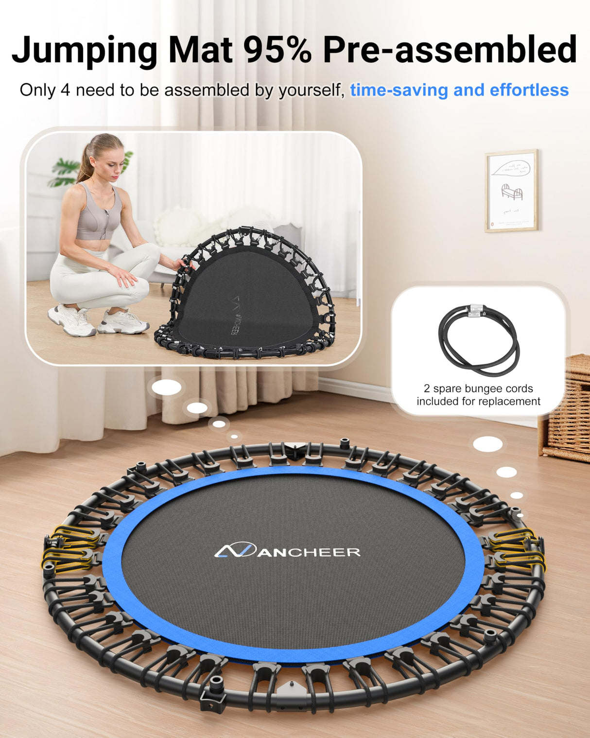 ANCHEER 40" Foldable Rebounder Trampoline for Adults/Kids with Resistance Bands and Bungees, Fitness Home, Indoor & Outdoor Mini Trampoline with Bar and Safety Padding - Max Load 330lbs (Blue) ANCHEER