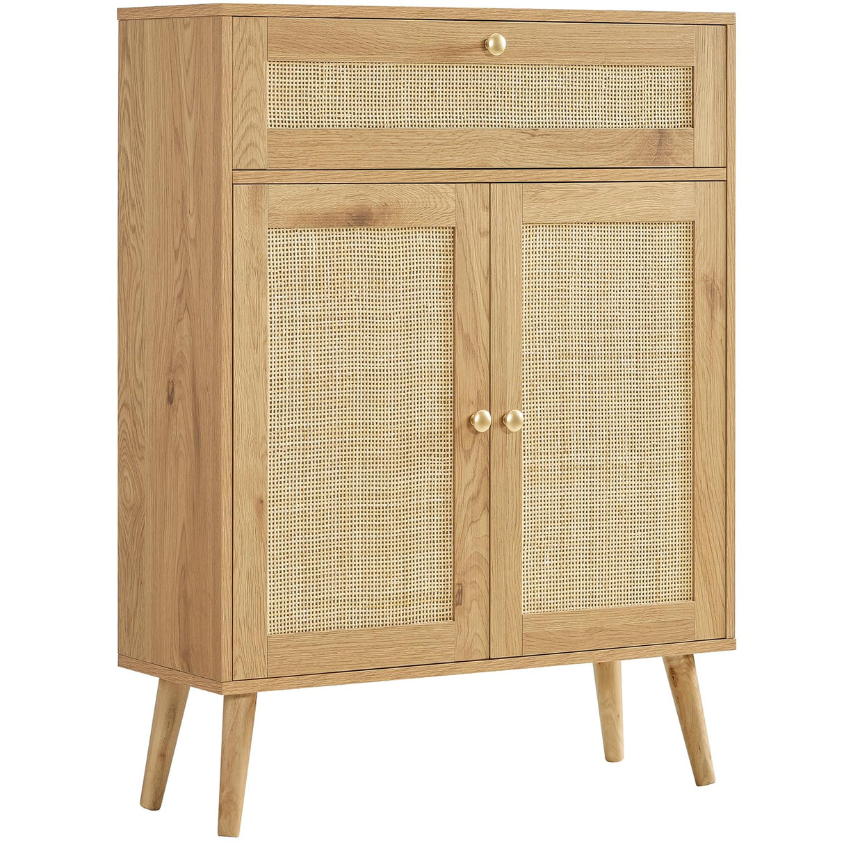 Iwell Storage Cabinet with Rattan Doors, Rattan Cabinet with Large Drawer & Adjustable Shelf, Accent Cabinet for Kitchen, Dining Room, Living Room, Entryway, Natural Iwell