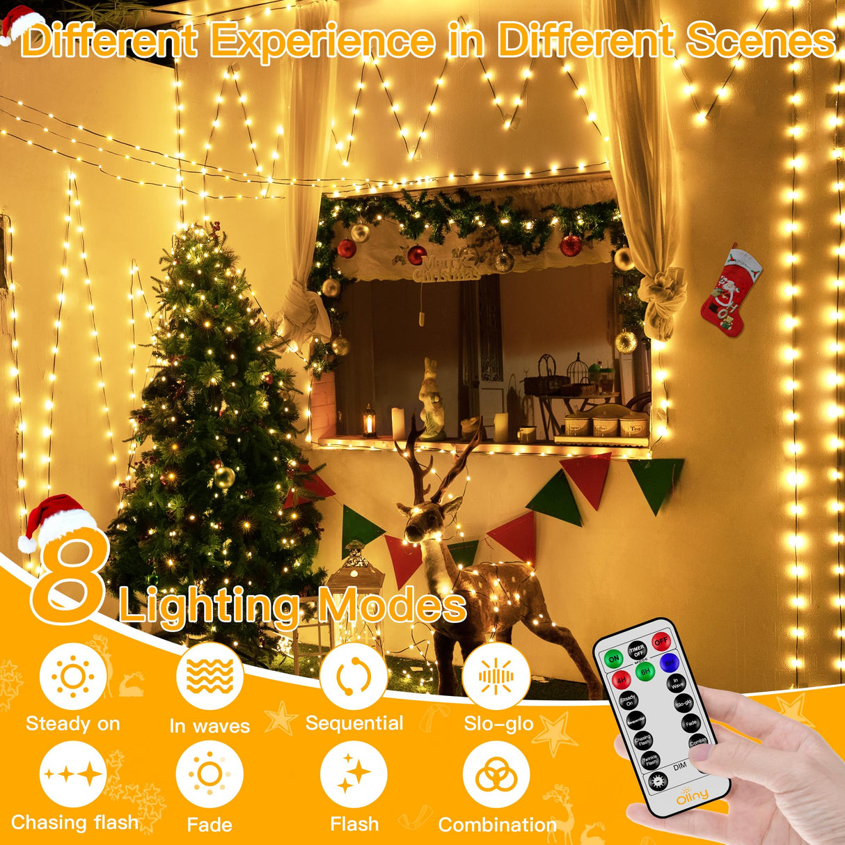 Ollny Christmas Lights 1000 LED 330 FT, IP67 Waterproof Plug in Christmas Tree Lights with Remote, 8 Modes, 3 Timers, Dimmable, House Xmas Indoor Decorations Outdoor Christmas Lights (Warm White) Ollny