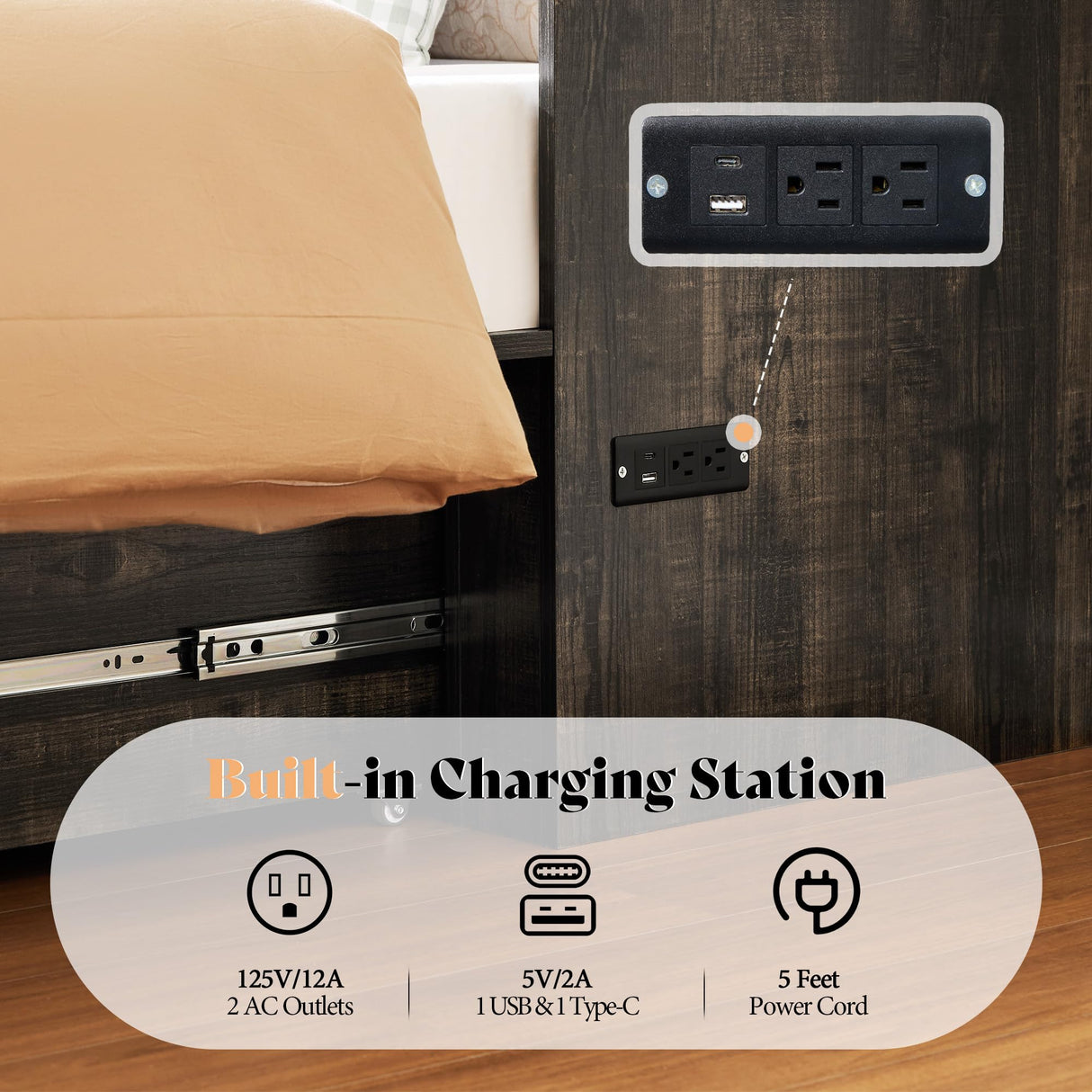 AMERLIFE Queen Murphy Bed Cabinet with Charging Station and Storage, Farmhouse Foldable Platform Bed for Guest Room, Office, Small Spaces, Black Oak AMERLIFE