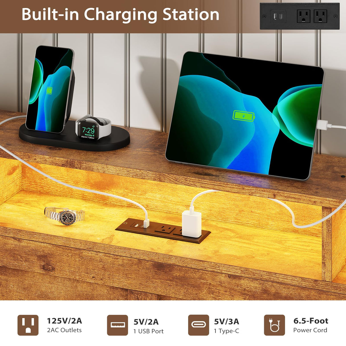 VIAGDO Daybed Twin with Pop Up Trundle, Farmhouse Wooden Day Bed Frame with 3 Storage Drawers and Shelves, Twin to King Daybed with Charging Station and LED Lights for Bedroom, Rustic Brown VIAGDO