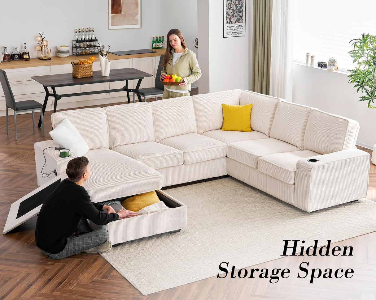 PaPaJet U Shaped Couch, 112 Inch Oversized Couch with Storage Chaise, Sectional Sofa with Cup Holders & 2 USB Ports, Corduroy Beige Sofa PaPaJet