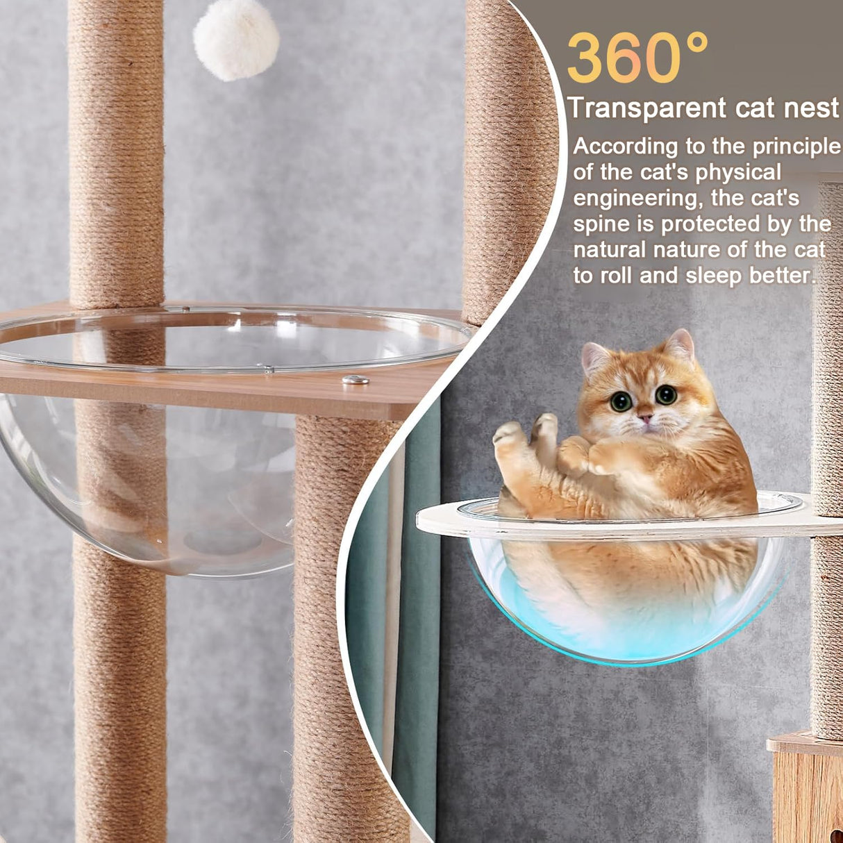61'' Wooden cat Tree with cat Condo, Cat Stairs Scratching Posts, 2 Bowl,Sisal Scratching Posts,Cozy Cat Hammock and Top Perch. Cat Tree for Large Cats. Yinanroa