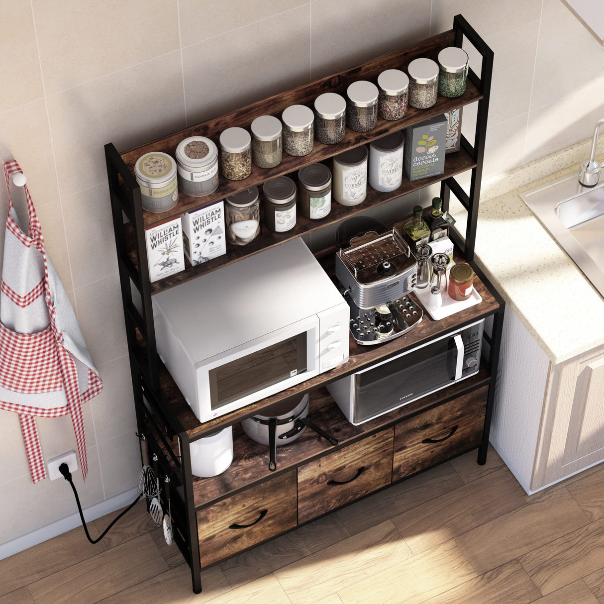 NAIYUFA Kitchen Bakers Rack with Power Outlet,5-Tier Free Standing Storage Shelf Bakers Rack with Baskets,Industrial Microwave Oven Stand,Metal Kitchen Rack Organizer with Hooks NAIYUFA