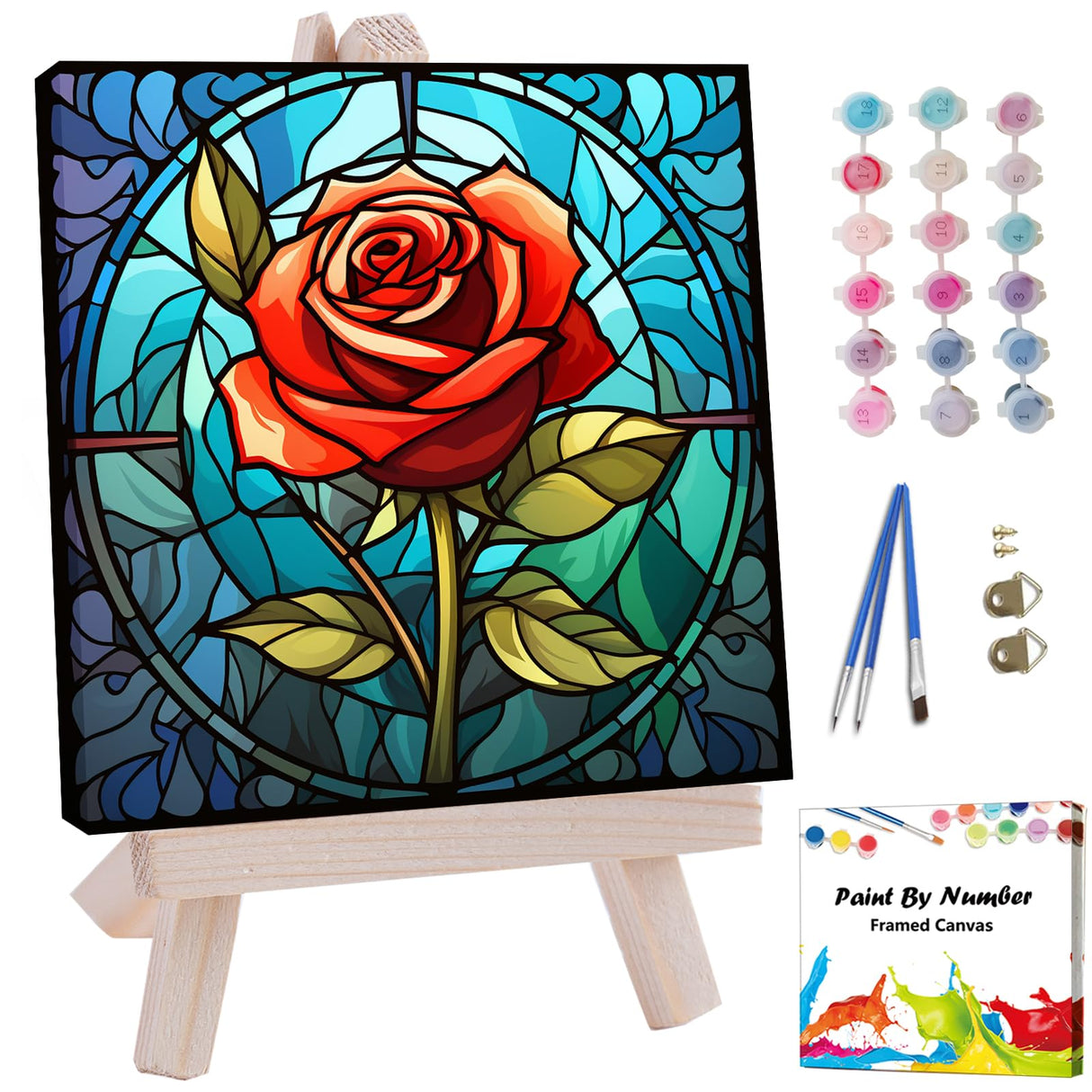Artunion Framed Paint by Numbers Kit for Adults Beginners & Kids Ages 8-12,Red Rose Flower Paint by Number with Frame, Stained Glass Paint by Numbers Kit on Canvas 10 * 10 Inch Without Easel Artunion