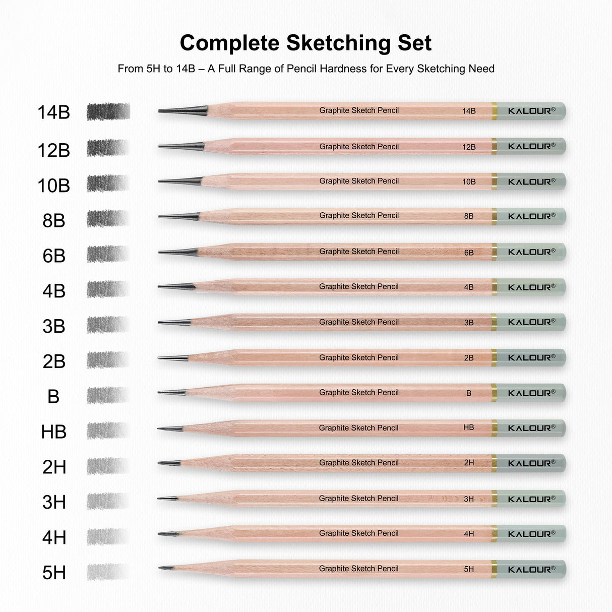 KALOUR 18-Piece Professional Sketch Pencil Set - Includes 5H to 14B Pencils, Vinyl Eraser, Kneaded Eraser,Sharpener and Paper Blending Stump - Ideal for Artists and Beginners KALOUR