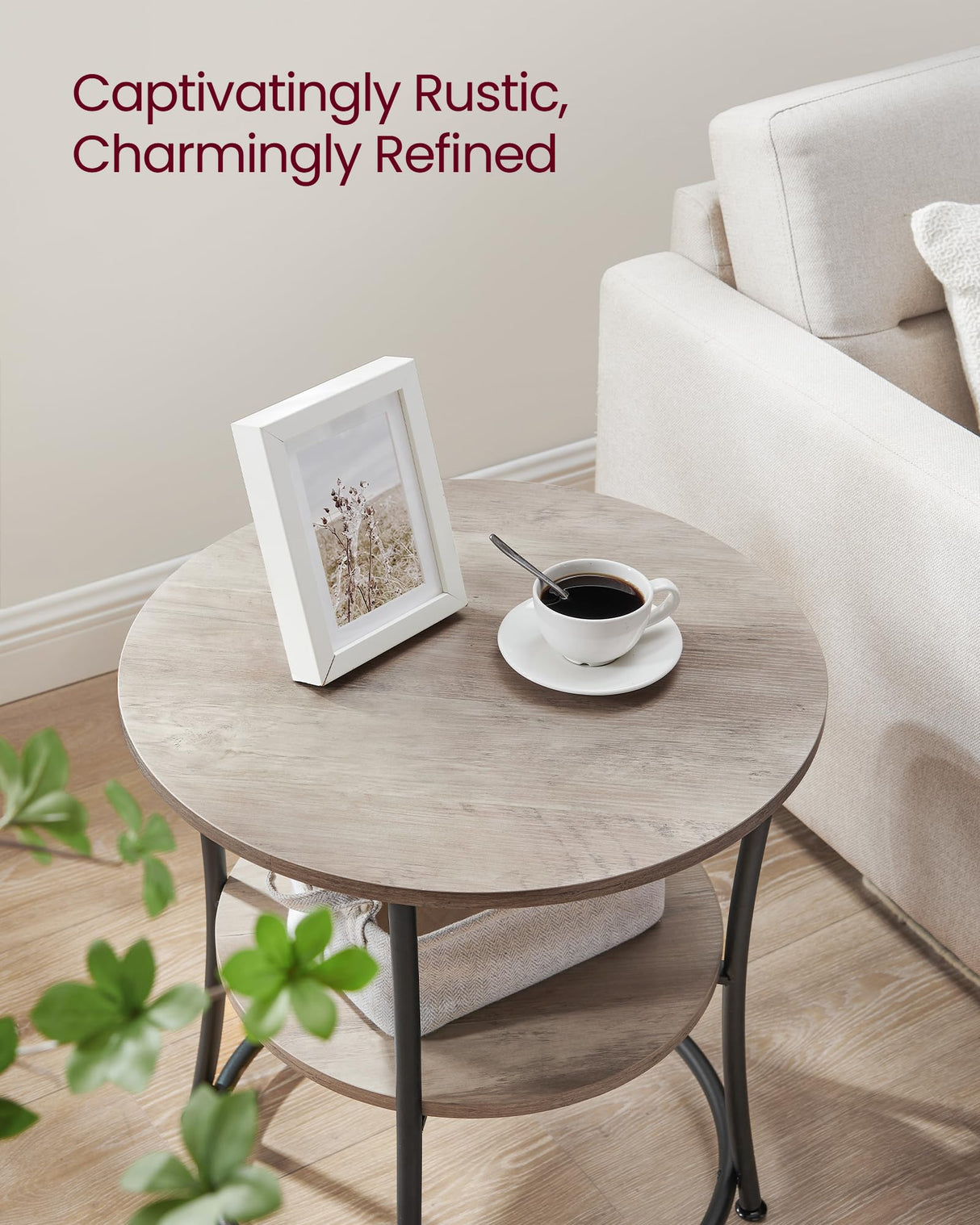 VASAGLE Side Table, Round End Table with 2 Storage Shelves for Living Room, Bedroom, Nightstand with Steel Frame for Small Spaces, Accent Coffee Table, Greige and Ink Black VASAGLE