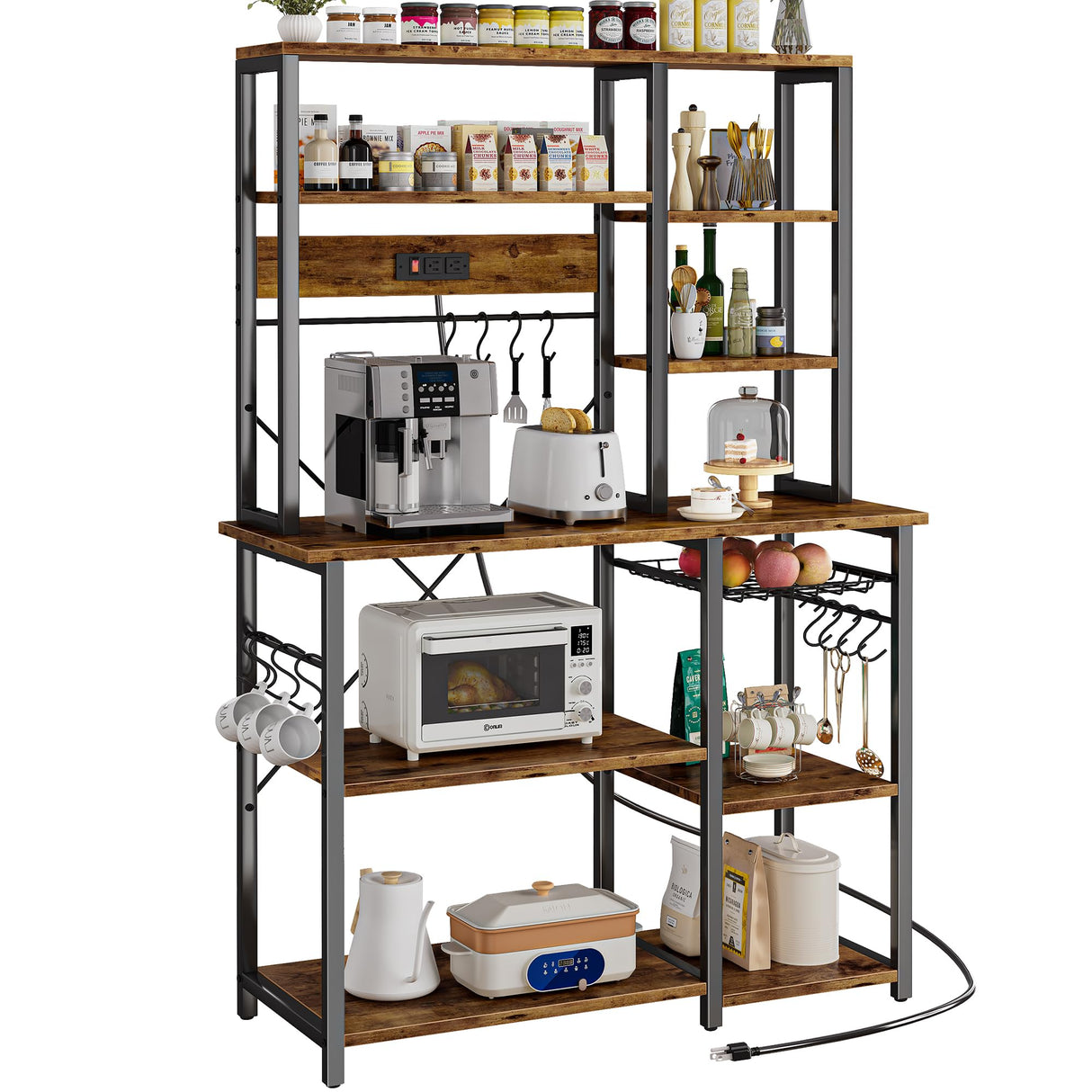 SUPERJARE Rustic Brown 6-Tier Bakers Rack with Power Outlets and Storage Hooks SUPERJARE