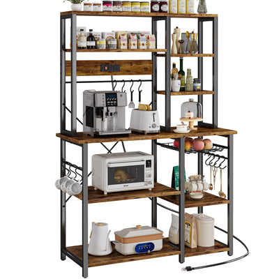 SUPERJARE Rustic Brown 6-Tier Bakers Rack with Power Outlets and Storage Hooks