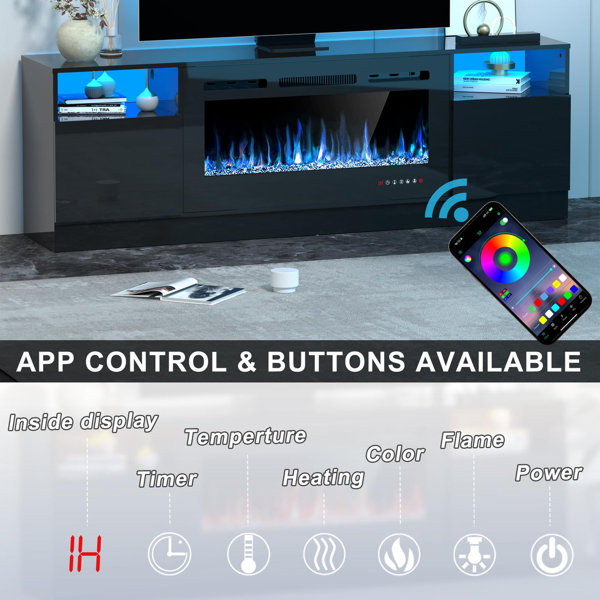 OUTGUAVA Fireplace TV Stand for 80 Inch TV, TV Stand with 36" Fireplace, LED Light Entertainment Center with Storage Cabinets, Media TV Console TV Table for Living Room, Black OUTGUAVA