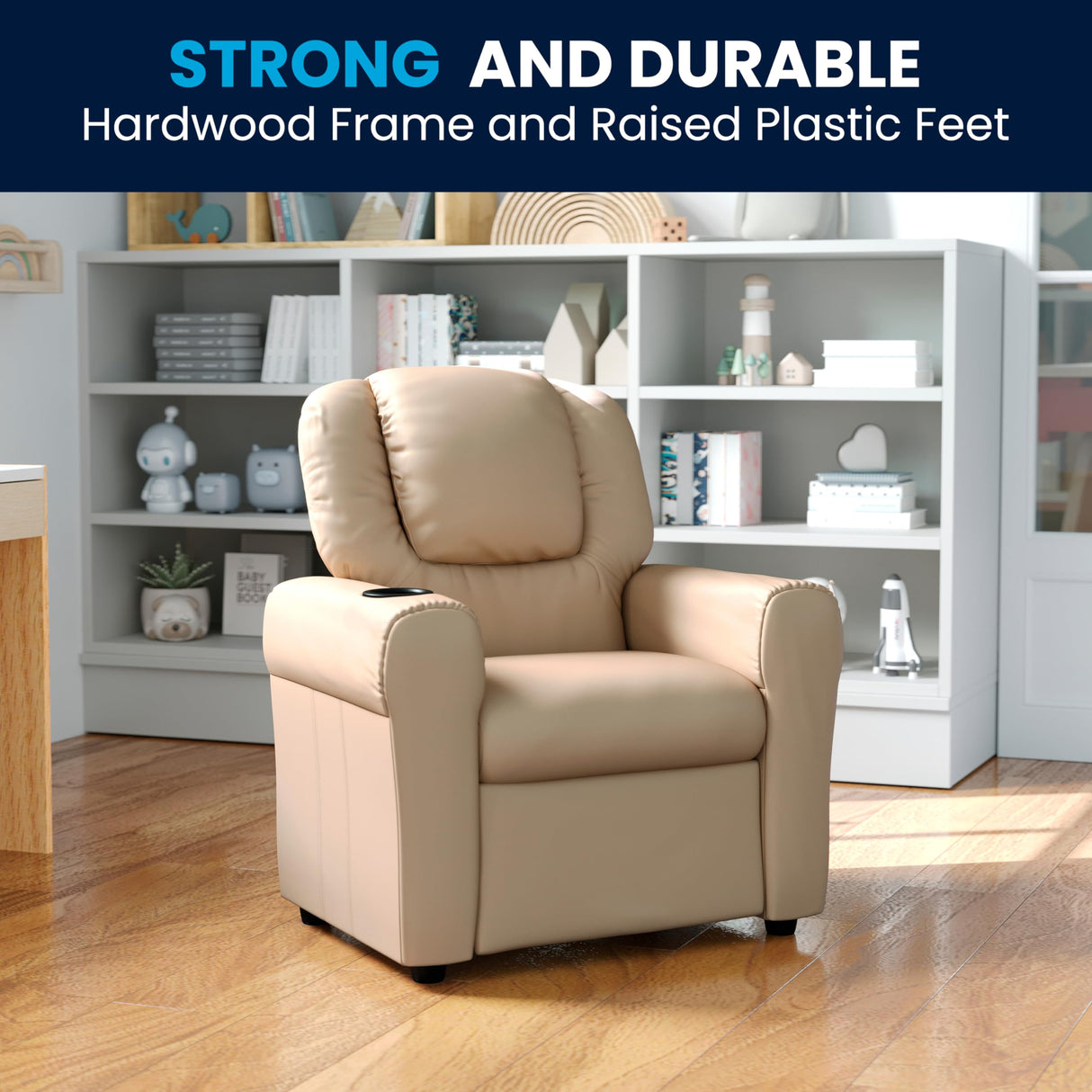 Flash Furniture Vana Vinyl Kids Recliner with Cup Holder, Headrest, and Safety Recline, Contemporary Reclining Chair for Kids, Supports up to 90 lbs., Beige Flash Furniture