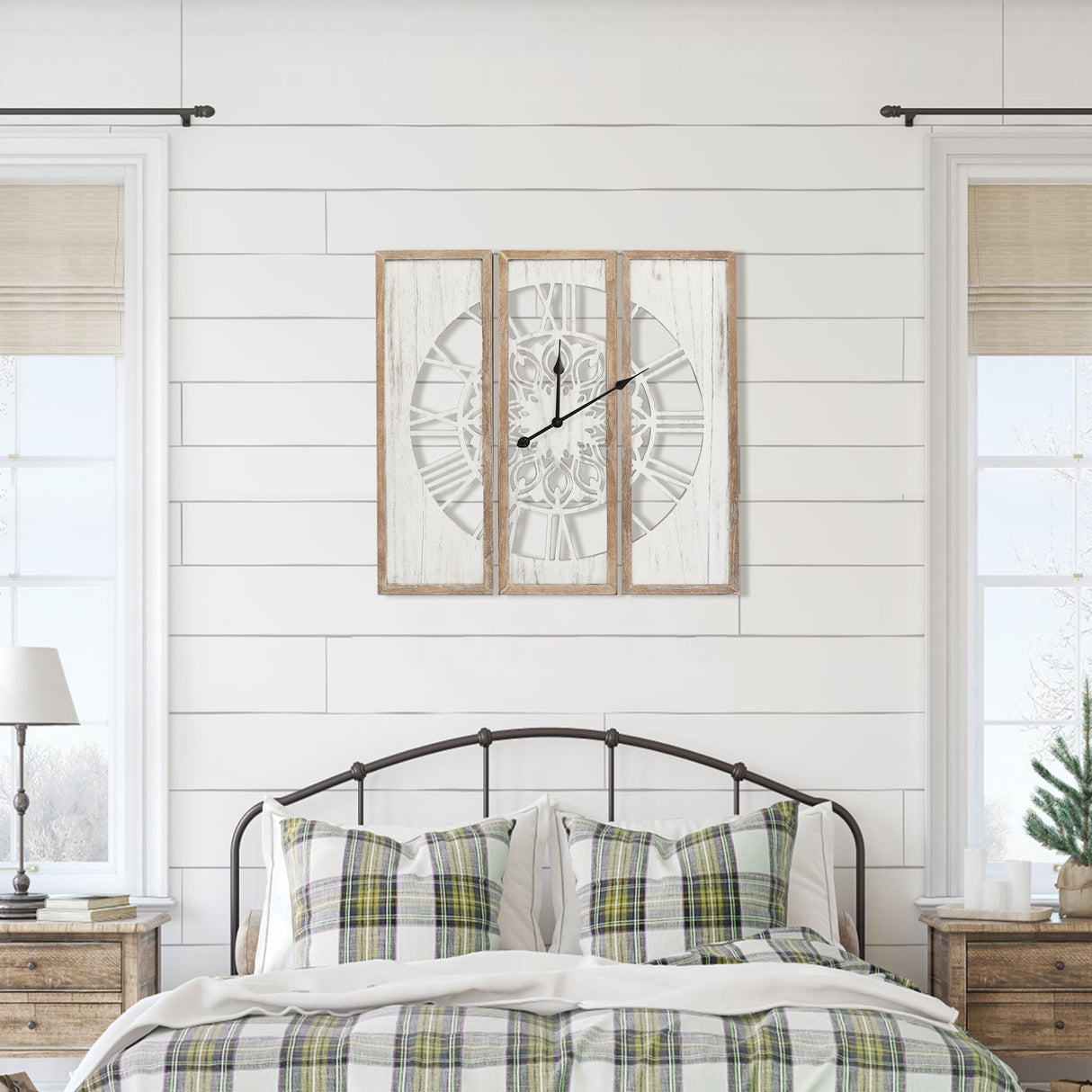 RiteSune Rustic 30" Wall Clocks for Living Room Decor, Oversized Farmhouse Wall Clock Battery Operated, Triptych Panel Wooden Large Clock Wall Art for Bedroom Entryway RiteSune