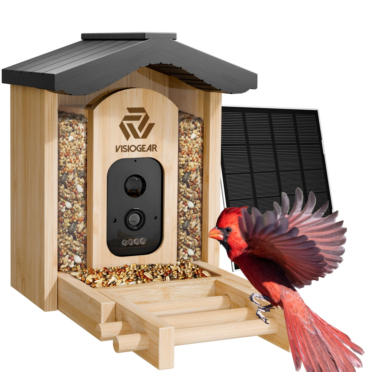 VISIOGEAR Bird Feeder with Camera, Smart Bird Feeder for Outdoors, Wild Bird Feeders with Solar Panel Bamboo Bird House Camera for Bird Lovers, AI Auto Capture Bird & Real-time Notification (Gable) VISIOGEAR