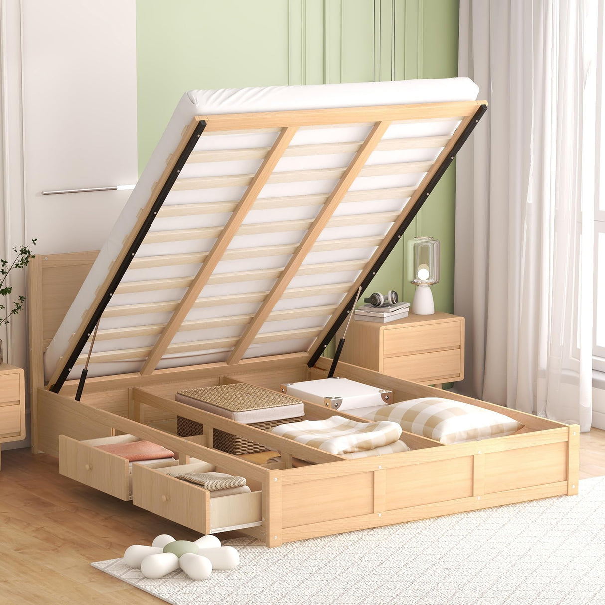 Harper & Bright Designs Natural Queen Lift Up Storage Bed with 2 Drawers Harper & Bright Designs