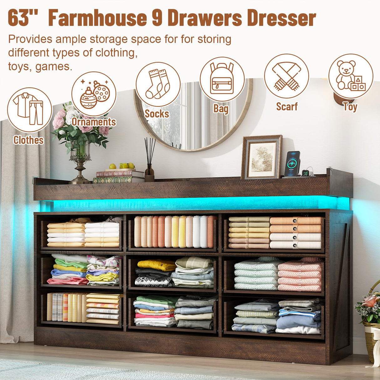 Hlivelood Large Farmhouse 9 Drawers Dresser for Bedroom with LED Light and Power Outlets,63" Wide Wood Rustic 9 Chests of Drawers for Closet,Tall Storage Dresser Organizer for Bedroom(Antique Brown) Hlivelood