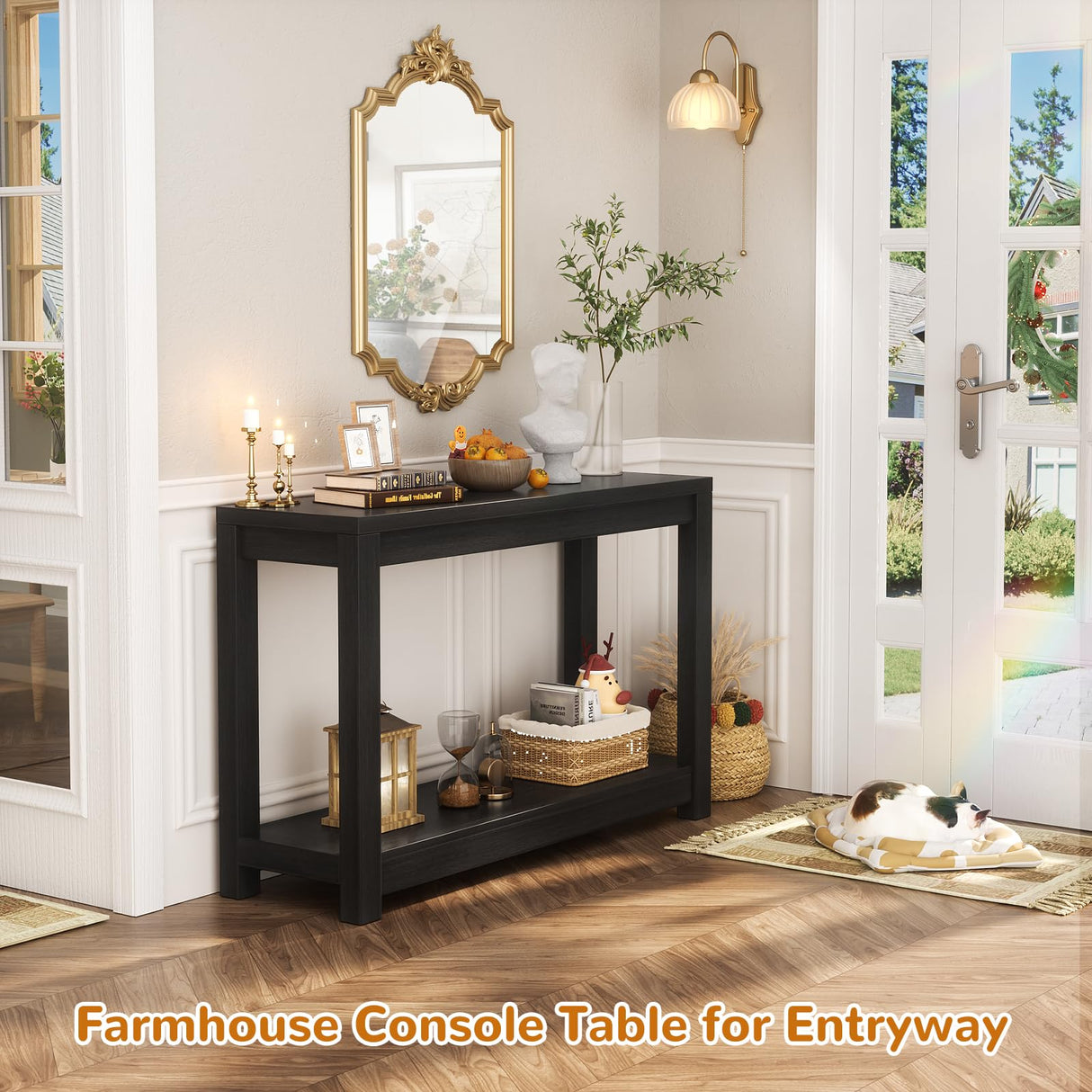 Besiost Small Farmhouse Wood Entryway Table Narrow Console Table with Storage Behind Couch Sofa Table with Shelves Entry Way Table with Open Storage, Easy Assembly, 32" Embossed Wood Grain Black Besiost