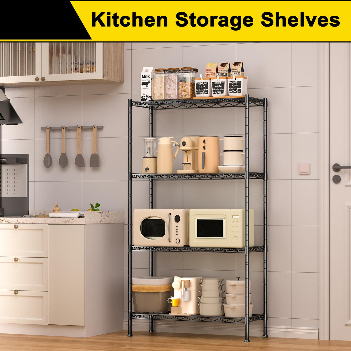 GIOTORENT 4-Wire Garage Shelving Storage Shelves, Metal Shelf Organizer 1400Lbs Capacity, Kitchen Storage Adjustable Shelf for Laundry Bathroom Pantry Closet, Black 36.2''L x 14''W x 53.4''H GIOTORENT