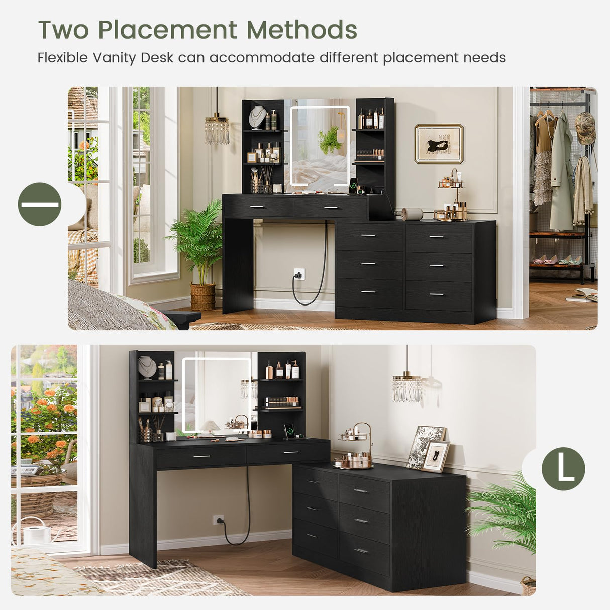 Quimoo 65.9" Vanity Desk with LED Lighted Mirror & Power Outlet, Modern Corner Makeup Vanity Table with 8 Drawers & Open Shelves, Dressing Table for Bedroom, Makeup Room Quimoo