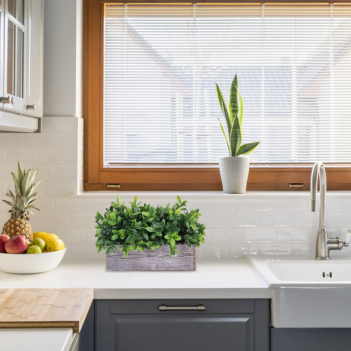 Artificial Eucalyptus Plant in Rustic Rectangular Wooden Planter Box Faux Potted Herb Plant Greenery Arrangement for Farmhouse Indoor Wedding Table Centerpiece Mantel Shelf Kitchen Decor Winlyn