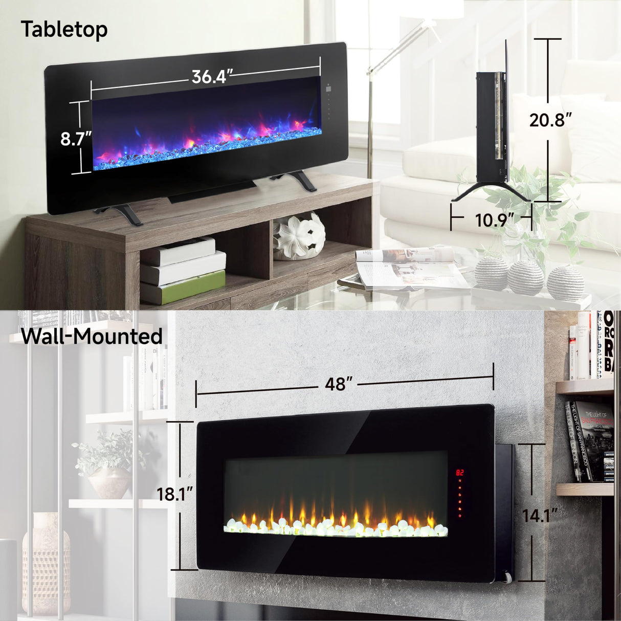 YIMUSTUK 48" Curved Electric Fireplace Heater, Front Wall Mounted/Table Top, W/Remote Control, Touch Screen, 4 Flame Colors and 8 Emberbeds Colors, Adjustable Brightness/Speed/Temperature/Timer YIMUSTUK