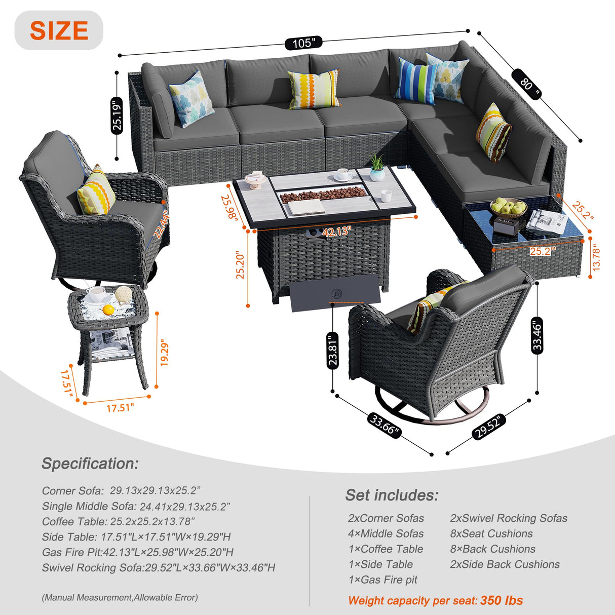 HOOOWOOO Patio Outdoor Sectional Furniture Sofa Set with Fire Pit Table,11 Piece L Shaped Wicker Couch Set with Swivel Chairs,Modern 8 Persons Summer Patio Conversation Set(Charcoal Gray) HOOOWOOO