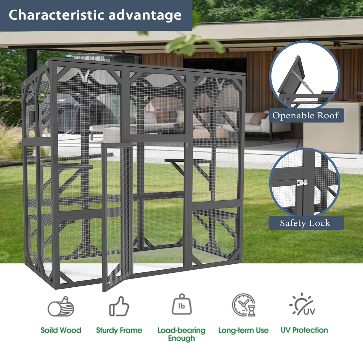 YOPTO 59" Wooden Catio Enclosure Outdoor Cat House with Anti-UV& Waterproof, Platforms and Resting Boxes Walk-in Cat Kennel Shelter for Indoor,Dark Grey Ball & Cast