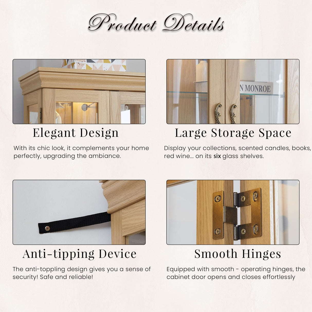 CKEASEAN Curio Cabinet 71" Lighted Glass Display Case, Wooden Wine Bar Cabinet with 6 Adjustable Shelves, Tempered Glass Doors, Light Bulb Included, Rack for Living Room Liquor Storage (Light Oak) CKEASEAN