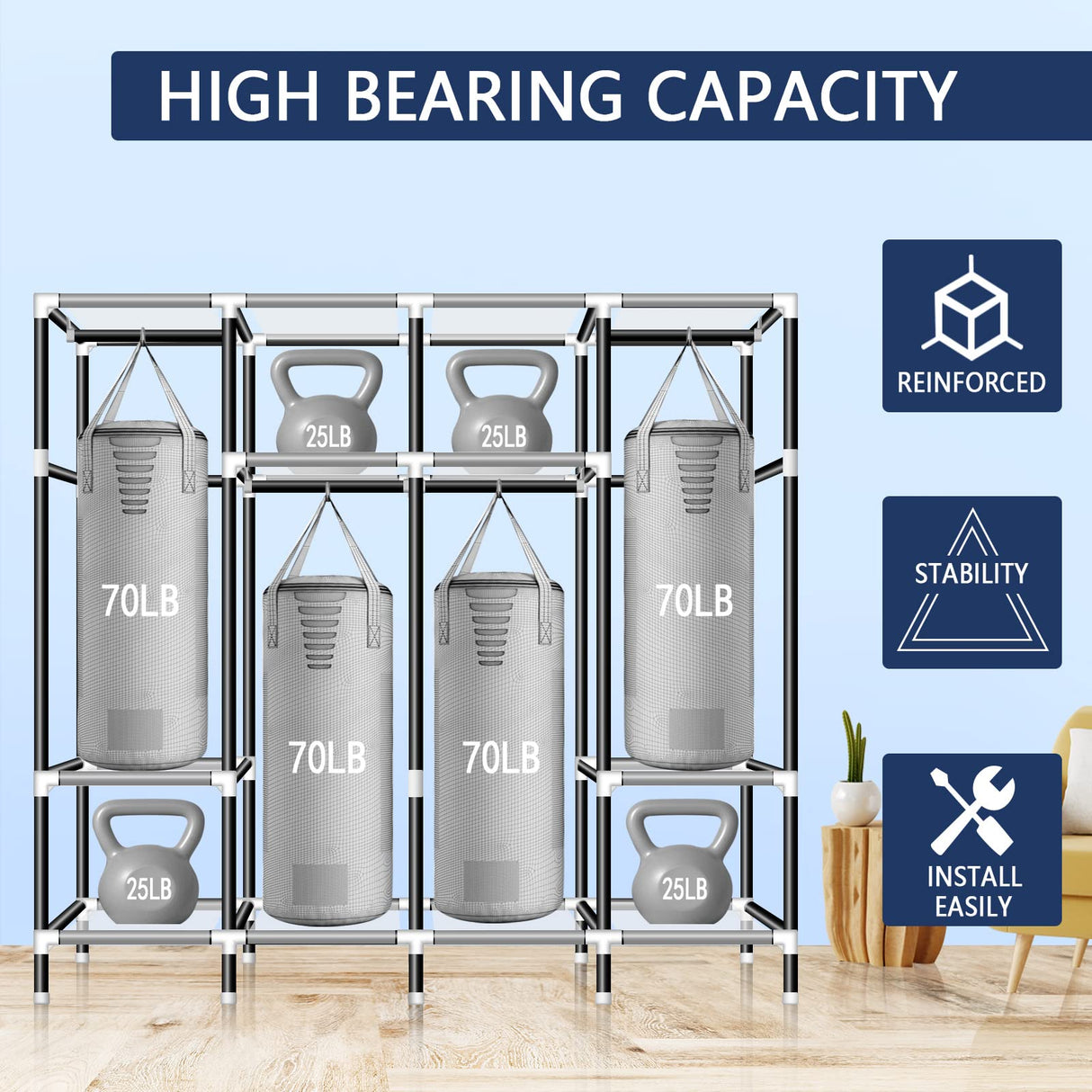 LOKEME Portable Closet, 67 Inch Wardrobe Closet for Hanging Clothes with 4 Hanging Rods, 25mm Steel Tube Clothes Storage Organizer for Extra Sturdy, Quick and Easy to Assembly, Gray Cover LOKEME