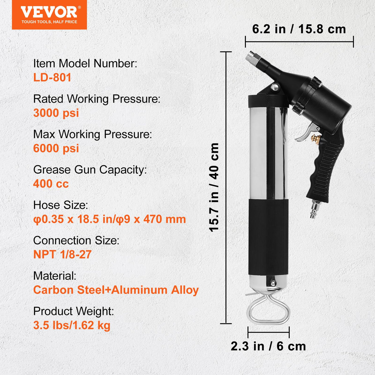 VEVOR Grease Gun, 6000PSI Air Operated Grease Gun, Heavy Duty Pneumatic Grease Gun with 14 oz Load, 18.5 Inch Flexible Hose, 1 Flat Coupler, 1 Pointed and Locking Clamp Coupler, 1 Bent Metal Pipe VEVOR