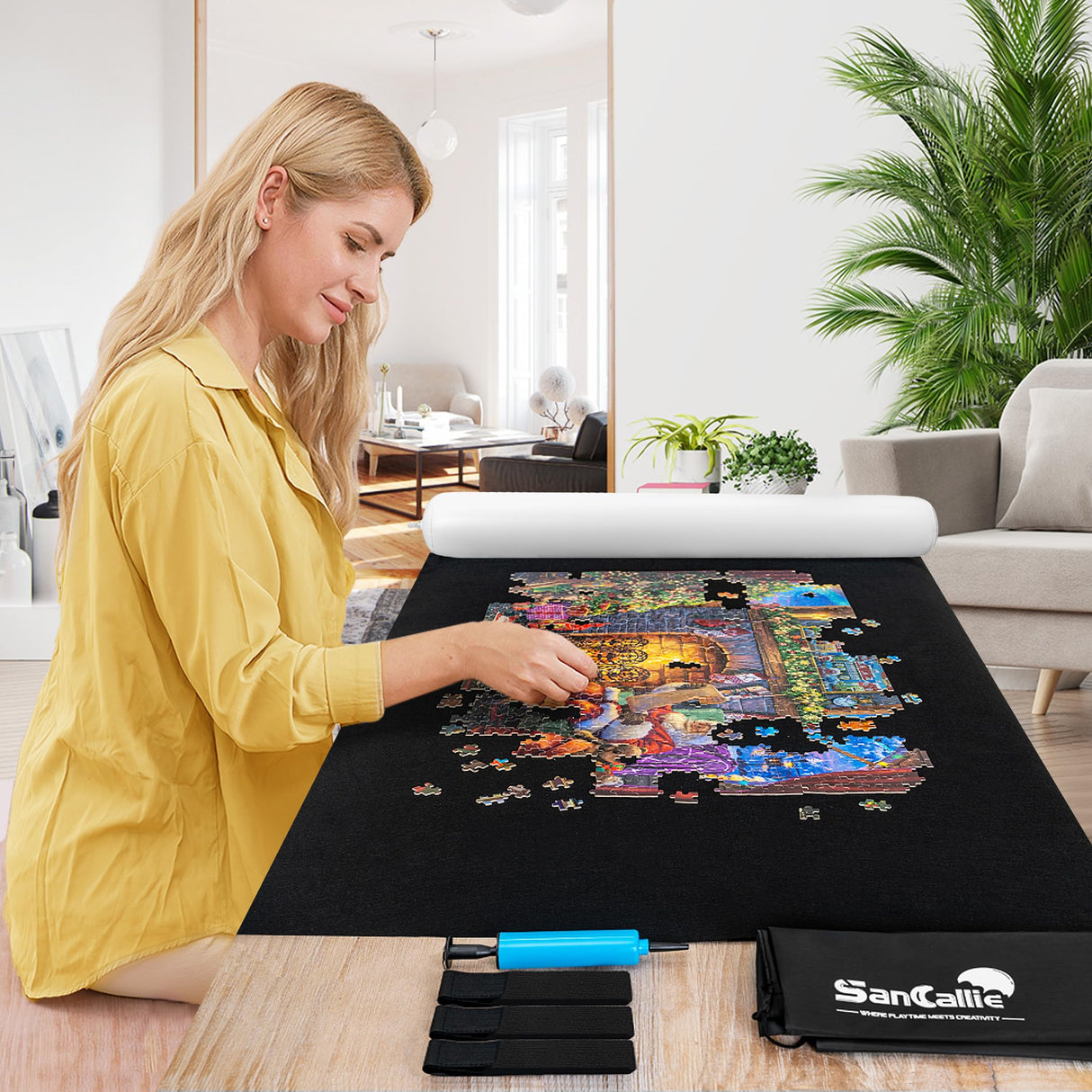 Sancallie Jigsaw Puzzle Mat Roll Up, 51"x34" Jigsaw Storage Felt Mat, Jigroll up to 2,000 Pieces, Gift Box with Drawstring Storage Bag, 3 Elastic Band, Hand Pump, Portable Puzzle mat Sancallie